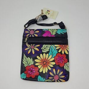 Niarvi Hand Painted Genuine Soft Leather Purse Crossbody Black Floral NWT